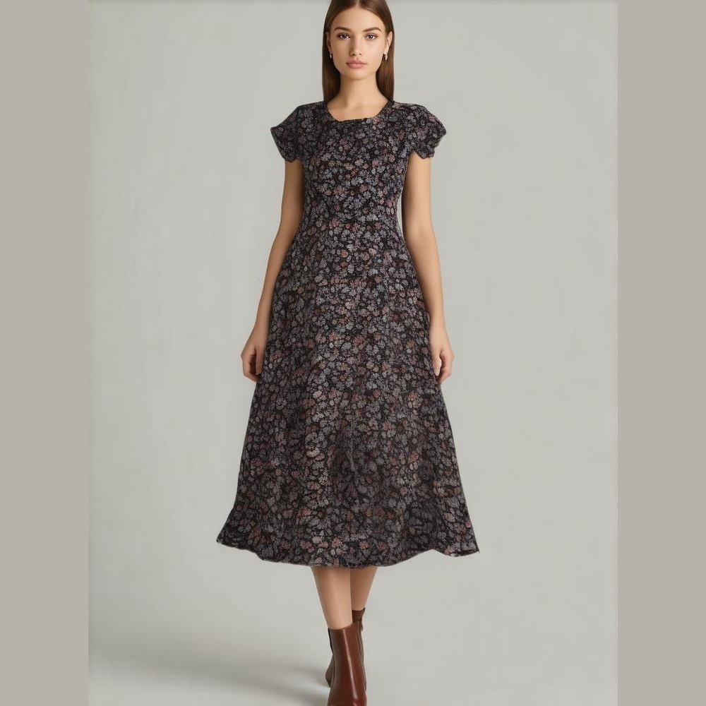 All That Jazz Floral Dress Size 7/8 Black Background Navy Pink Buckle on Back